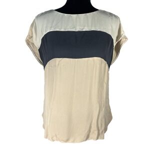 T Babaton Top MED 100% Silk Blush Cream Gray Stripe Colorblock Blouse Cap Sl